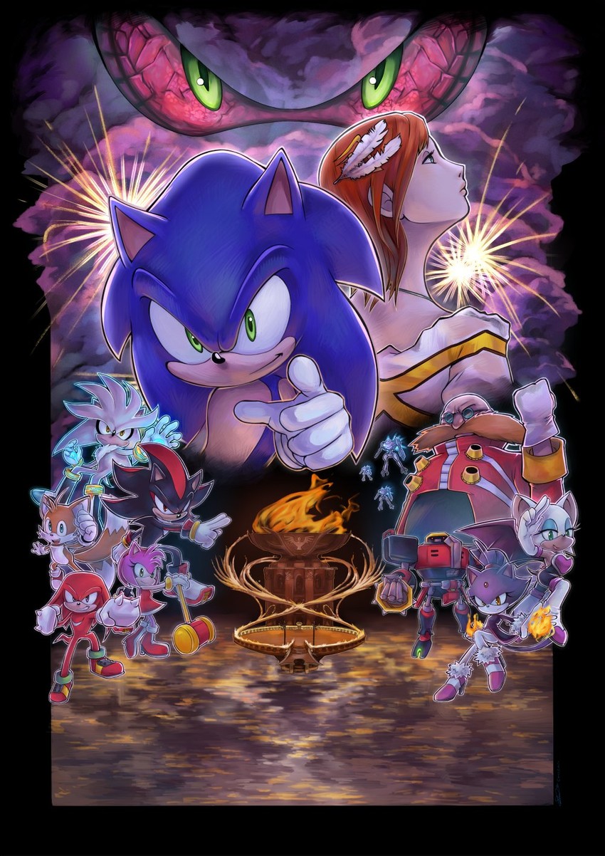 sonic the hedgehog, shadow the hedgehog, amy rose, blaze the cat, rouge the bat, and 8 more (sonic and 1 more) drawn by f-sonic