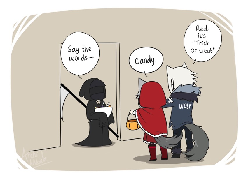 doctor, little red riding hood, projekt red, big bad wolf, death, and 2 more (arknights and 1 more) drawn by archimbek