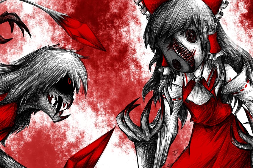 hakurei reimu, flandre scarlet, variant reimu, and vampire-type space kaiju (touhou and 2 more) drawn by herushiart