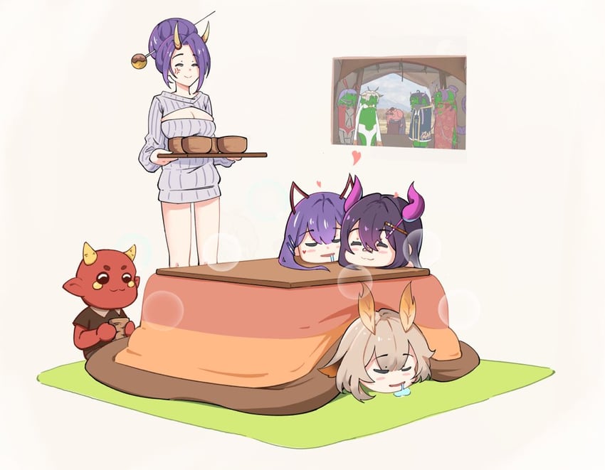 akuma nihmune, sanagi yuzu, onigiri, and rainhoe (indie virtual youtuber) drawn by karasawa_miko