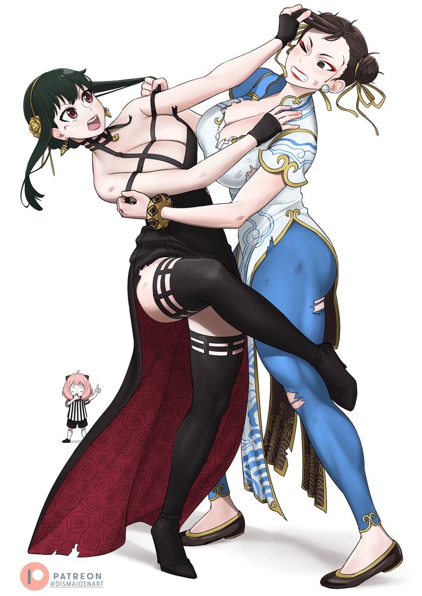 yor briar, chun-li, and anya (street fighter and 2 more) drawn by dismaiden