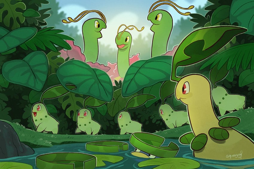 chikorita, meganium, lotad, and bayleef (pokemon) drawn by squeegool