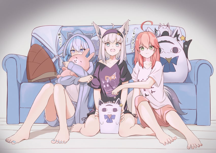 shirakami fubuki, hoshimachi suisei, sakura miko, sukonbu, miteiru, and 1 more (hololive and 1 more) drawn by chamomile_(kazumasa)