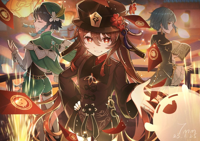 hu tao, venti, boo tao, and xingqiu (genshin impact) drawn by mingming8