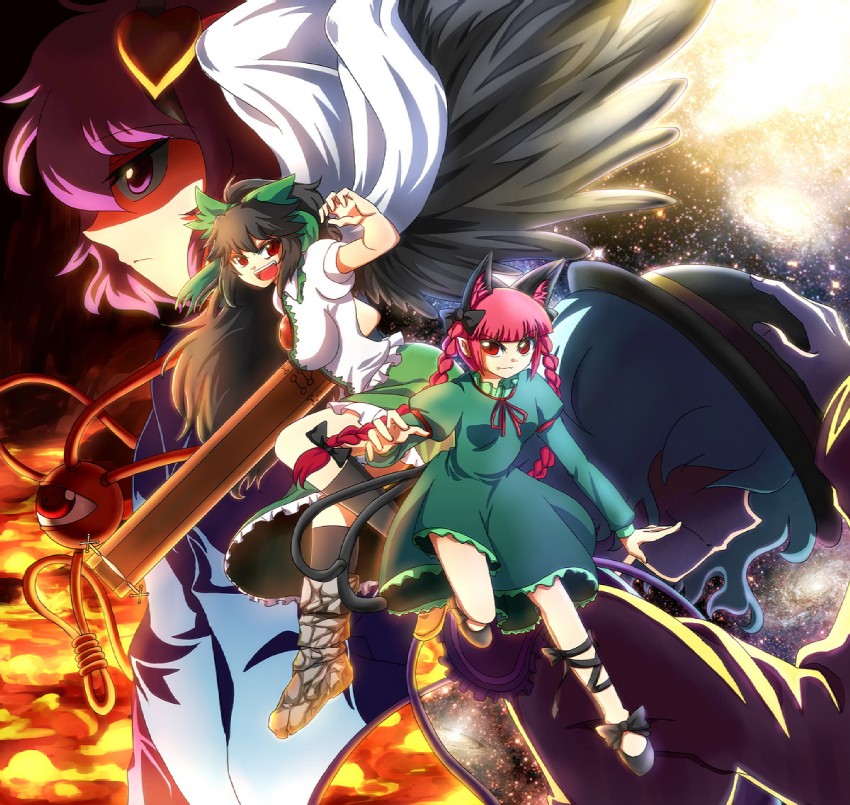 komeiji koishi, komeiji satori, kaenbyou rin, and reiuji utsuho (touhou) drawn by rayno