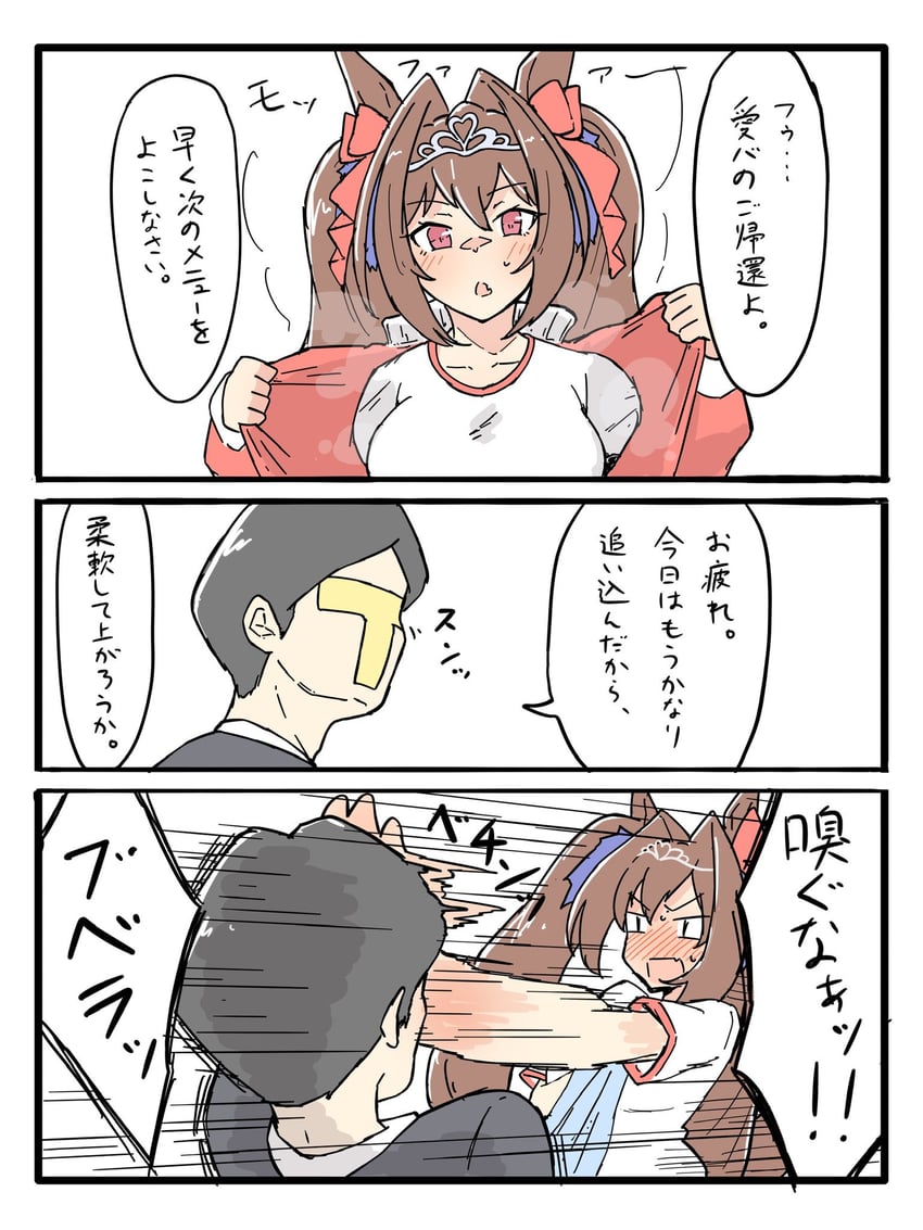 trainer, daiwa scarlet, and t-head trainer (umamusume) drawn by nekomimi_sukinosuke