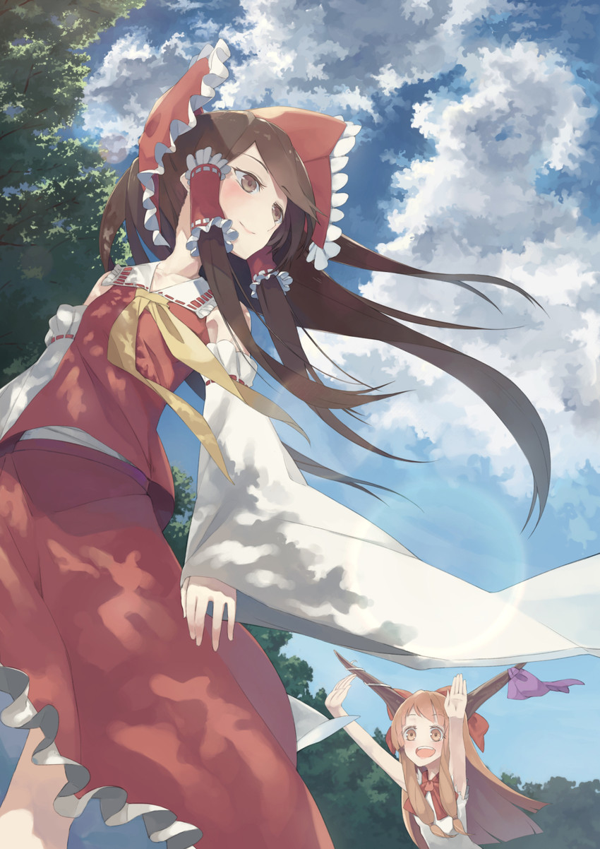 hakurei reimu and ibuki suika (touhou) drawn by hayashi_kewi