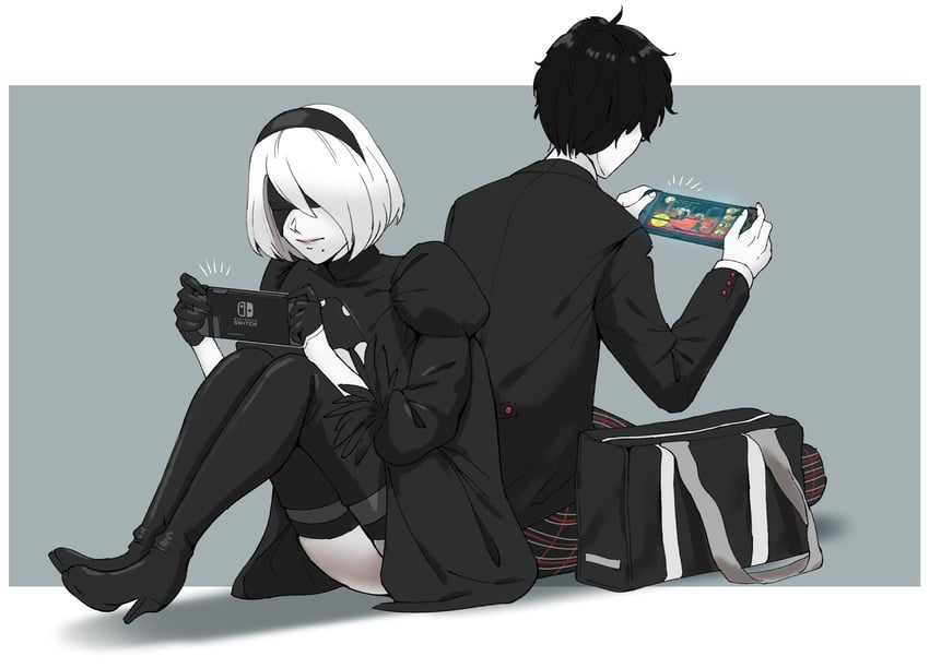 2b and amamiya ren (persona and 4 more) drawn by francisco_mon