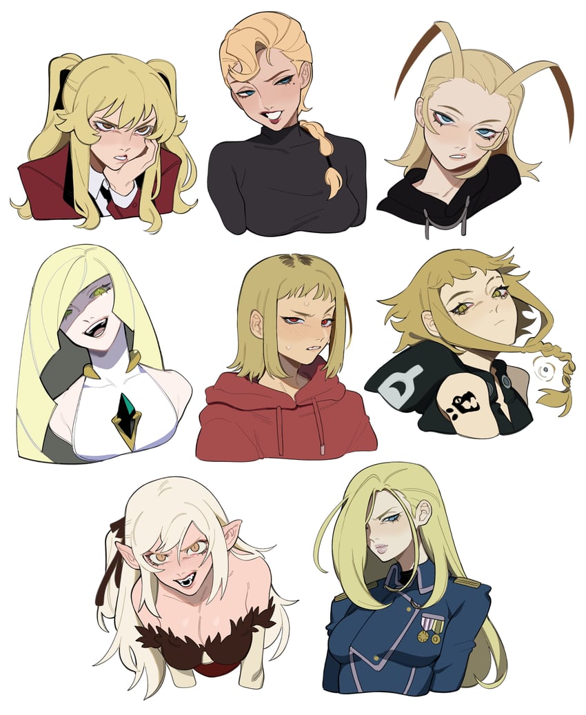 oshino shinobu, lusamine, kiss-shot acerola-orion heart-under-blade, olivier mira armstrong, sawatari akane, and 4 more (pokemon and 9 more) drawn by porqueloin