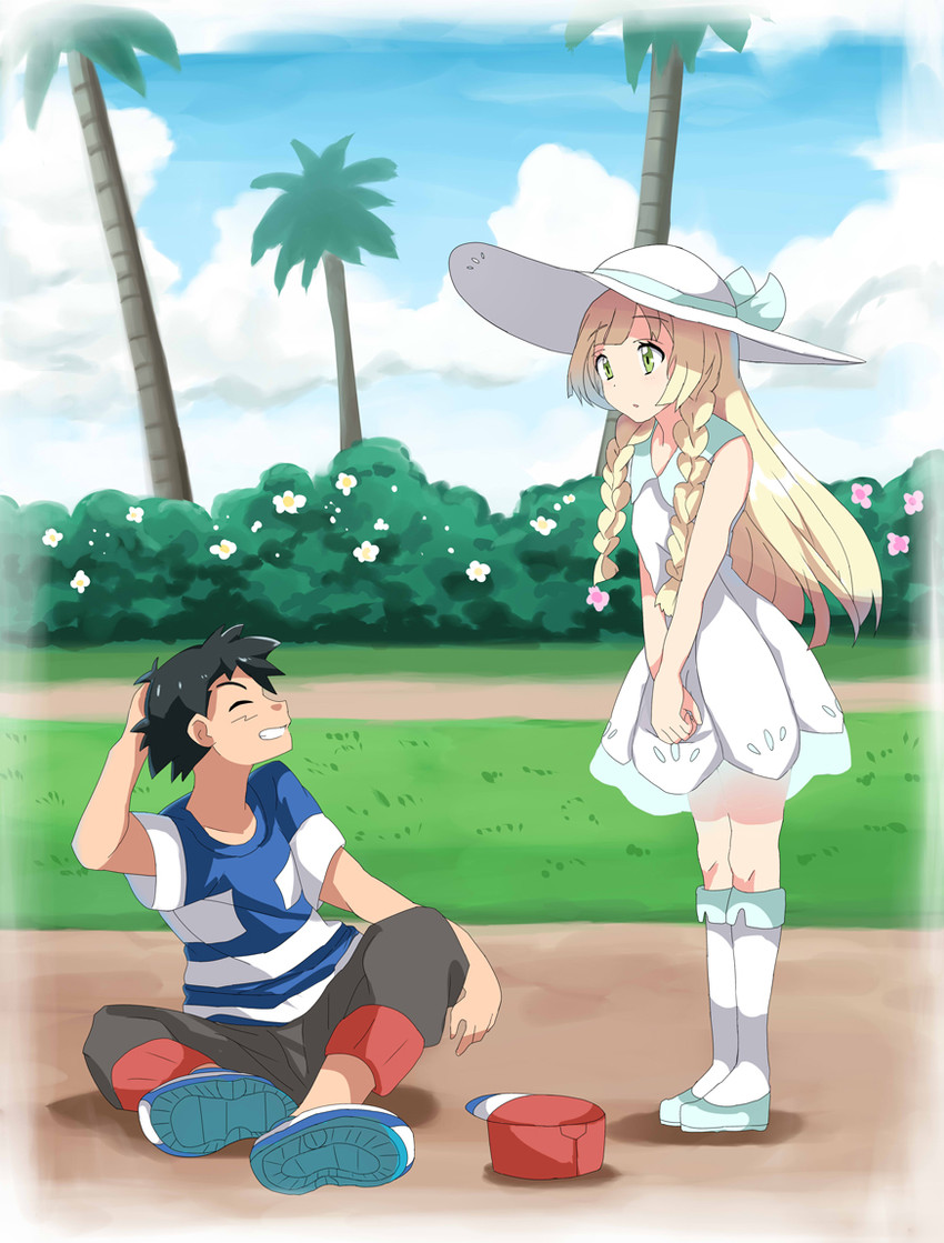 lillie and ash ketchum (pokemon and 1 more) drawn by kuriyama