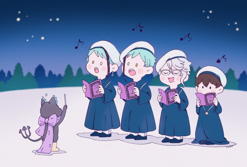 floyd leech, jade leech, yuu, azul ashengrotto, and grim (twisted wonderland) drawn by usape0kyun