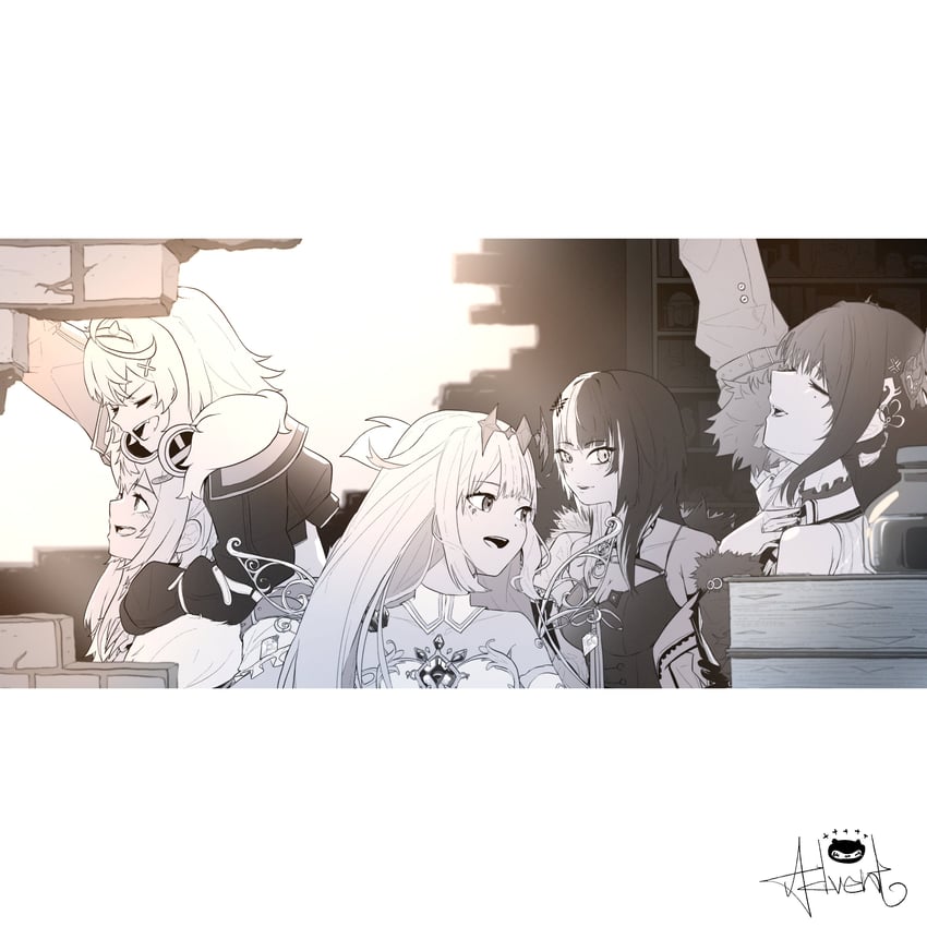 shiori novella, nerissa ravencroft, fuwawa abyssgard, mococo abyssgard, and koseki bijou (hololive and 1 more) drawn by harry_handdrawn