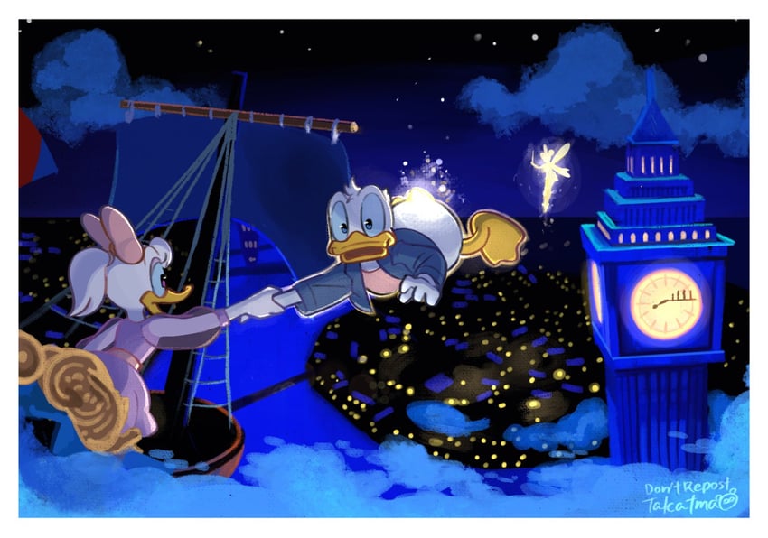 donald duck, daisy duck, and tinker bell (mickey mouse & friends and 2 more) drawn by takatmaorange