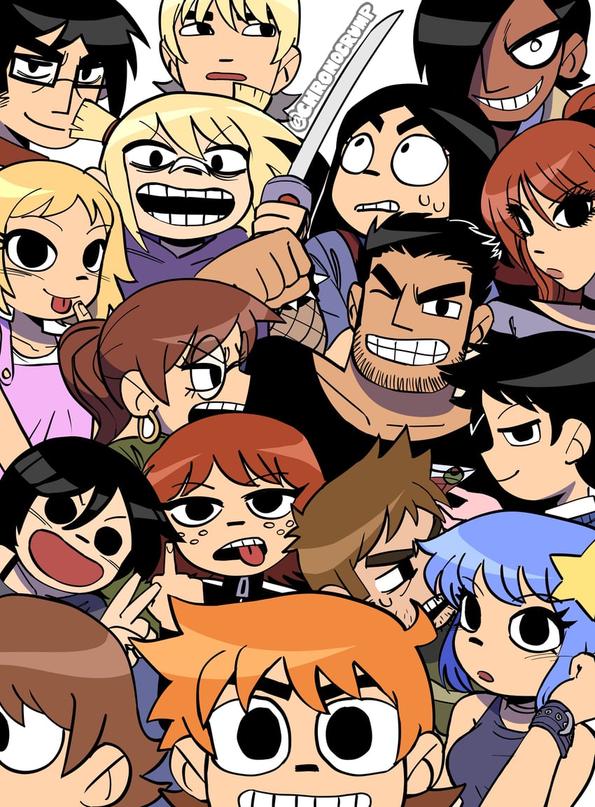 lucas lee, scott pilgrim, wallace wells, ramona flowers, kim pine, and 11 more (scott pilgrim) drawn by chronocrump