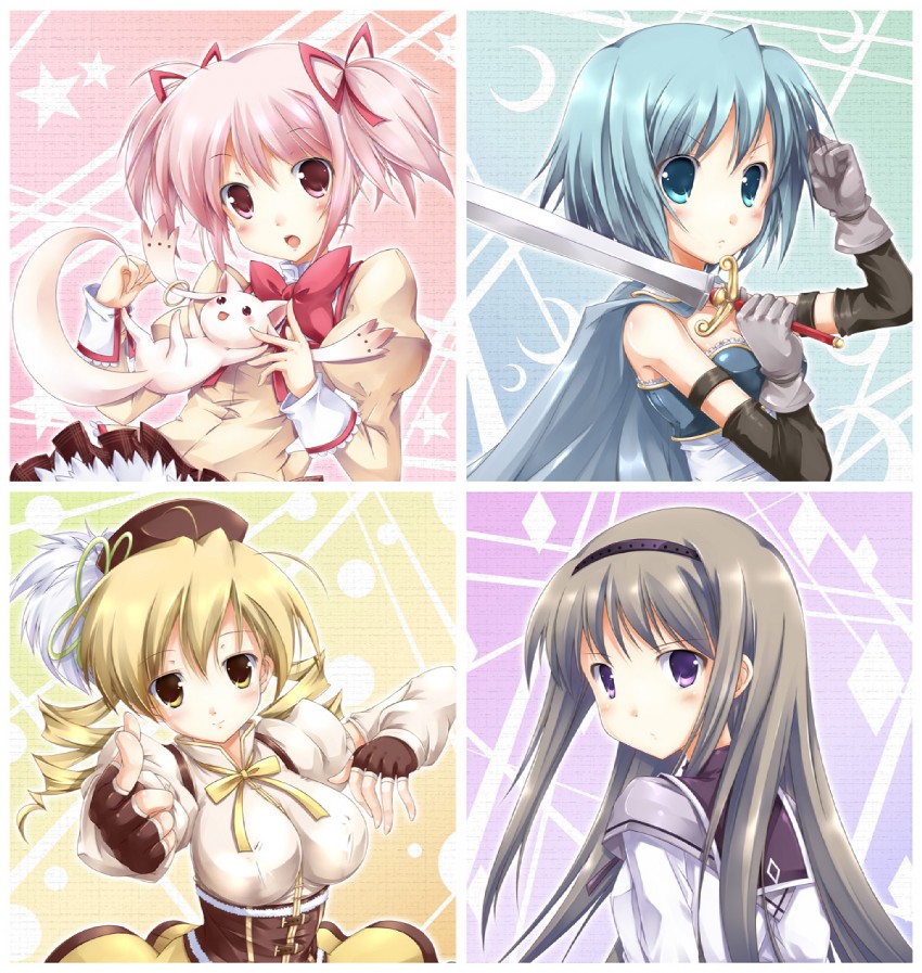 akemi homura, kaname madoka, miki sayaka, tomoe mami, and kyubey (mahou shoujo madoka magica) drawn by fujimoto_akio