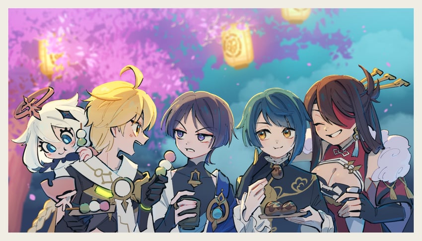 scaramouche, aether, wanderer, paimon, beidou, and 1 more (genshin impact) drawn by ukata