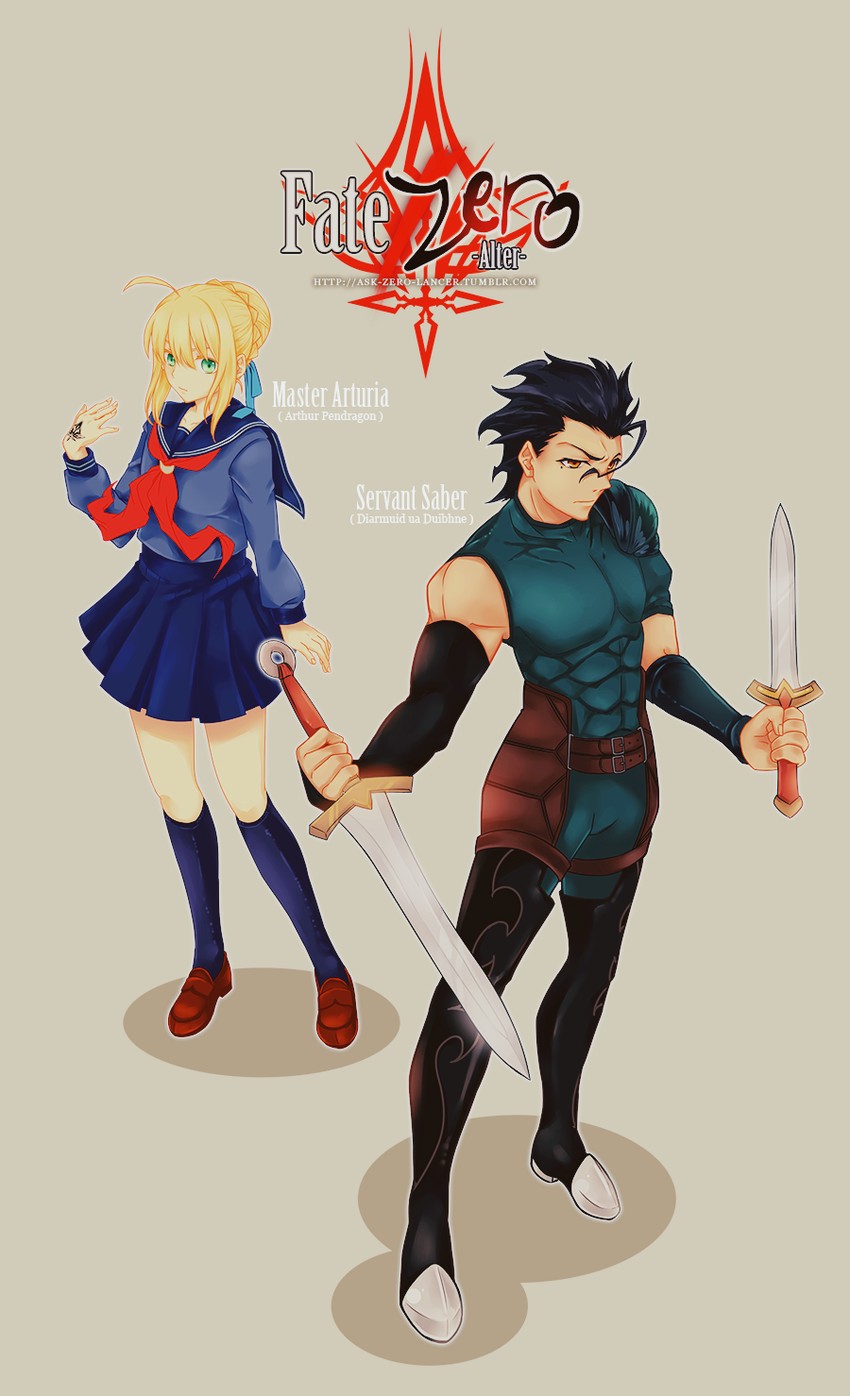 artoria pendragon, diarmuid ua duibhne, and master artoria (fate and 2 more) drawn by exec-rain