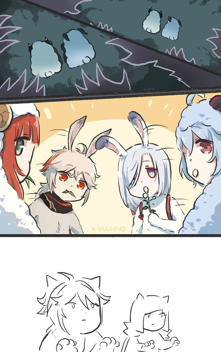 ganyu, shenhe, nilou, yelan, kaedehara kazuha, and 1 more (genshin impact) drawn by xinzoruo