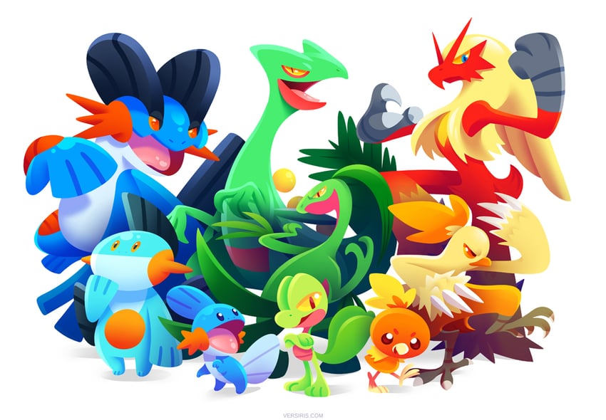 torchic, mudkip, blaziken, treecko, sceptile, and 4 more (pokemon) drawn by versiris