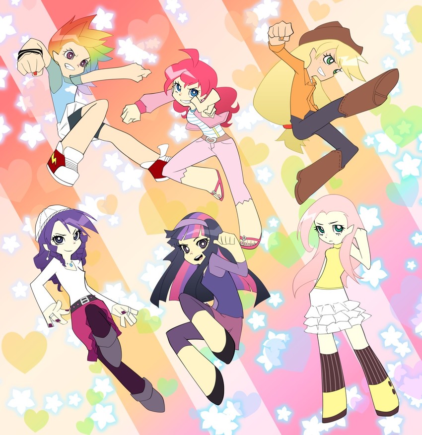 twilight sparkle, fluttershy, rainbow dash, pinkie pie, applejack, and 1 more (panty & stocking with garterbelt and 2 more) drawn by miraclenight