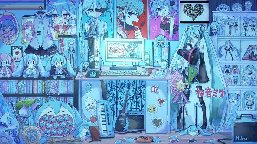 hatsune miku, yuki miku, sakura miku, magical mirai miku, cinnamiku, and 5 more (vocaloid and 23 more) drawn by futaba969649