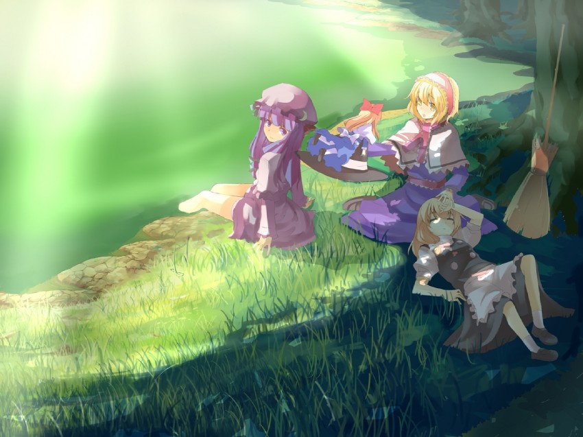 kirisame marisa, alice margatroid, patchouli knowledge, and shanghai doll (touhou) drawn by hasebe_yuusaku