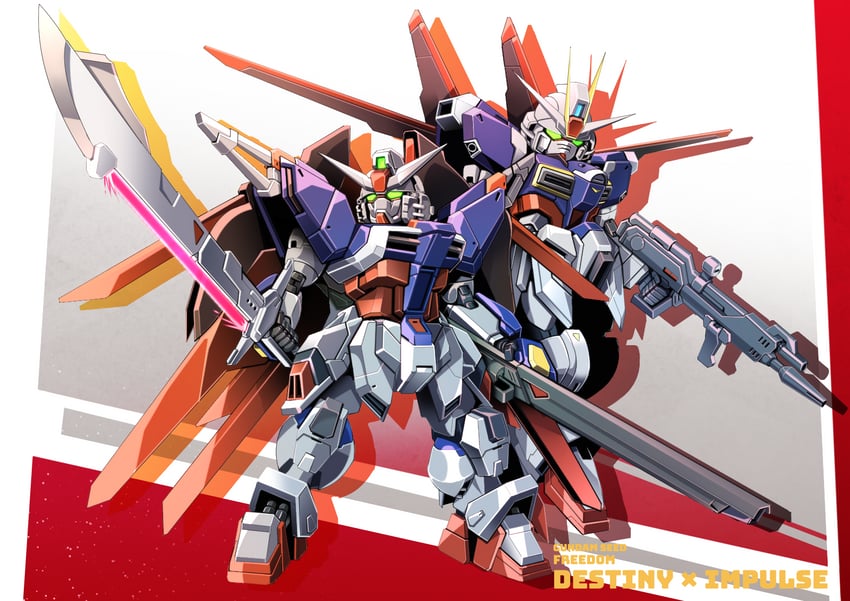 impulse gundam, destiny gundam spec ii, impulse gundam spec ii, and force impulse gundam spec ii (gundam and 3 more) drawn by sibelurabbi