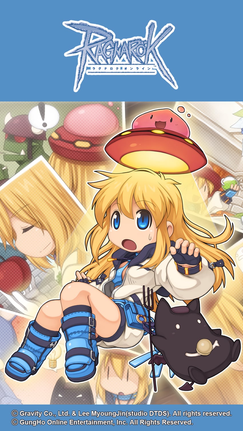 poring, mechanic, deviruchi, orc warrior, and nyhill m. heine (ragnarok online) drawn by yuichirou