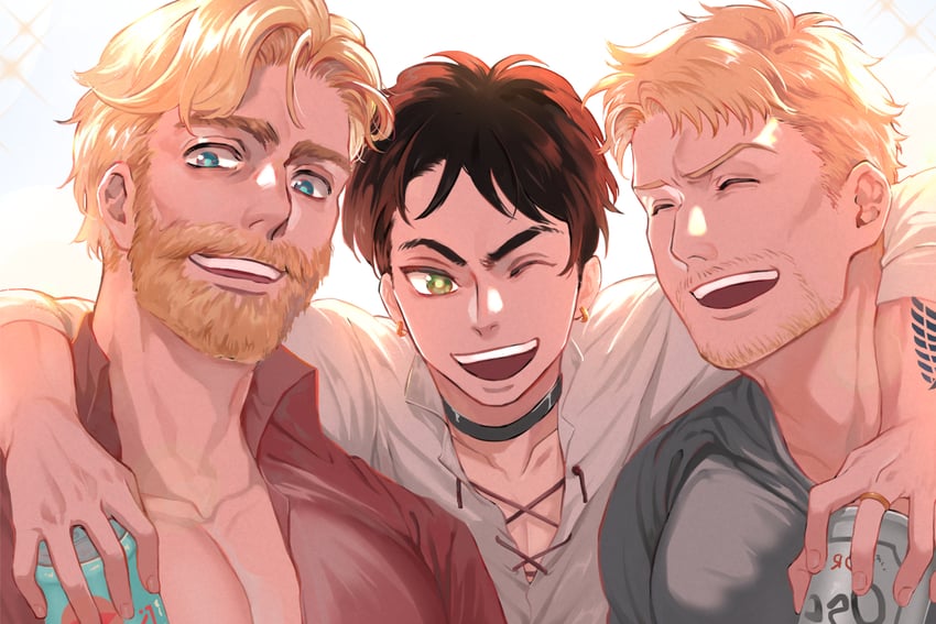 eren yeager, reiner braun, and zeke yeager (shingeki no kyojin) drawn by shiba44469