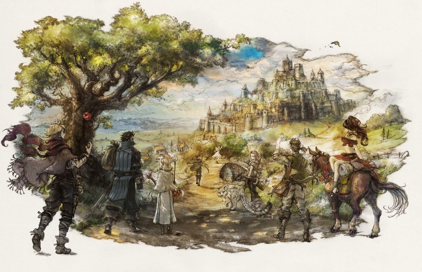 therion, tressa colzione, ophilia clement, primrose azelhart, cyrus albright, and 3 more (octopath traveler and 2 more) drawn by ikusy