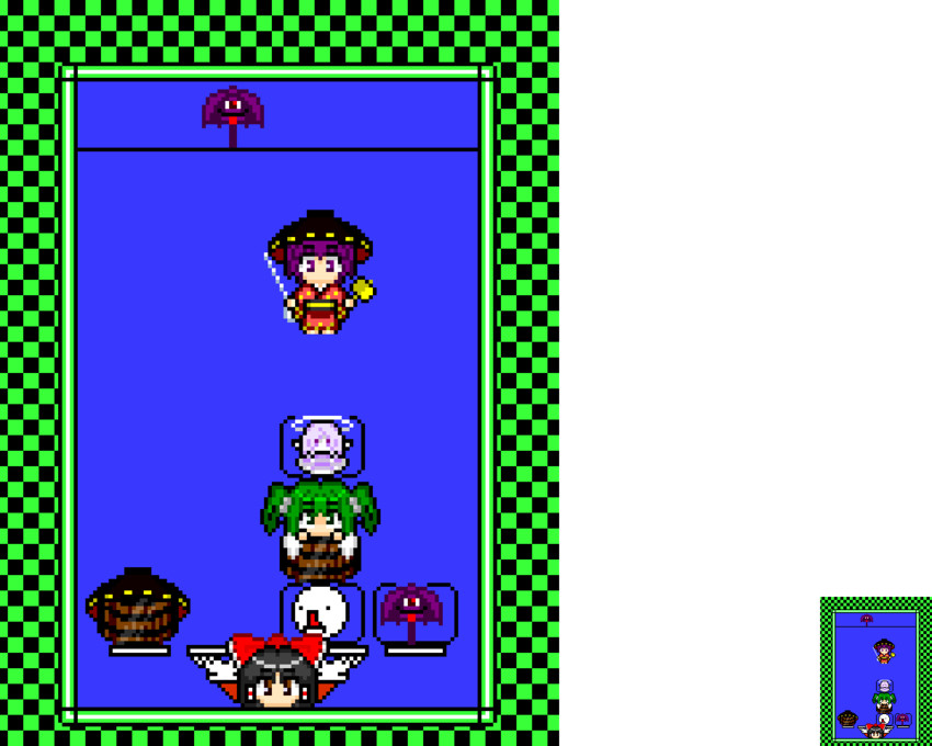 hakurei reimu, tatara kogasa, sukuna shinmyoumaru, kisume, zombie fairy, and 1 more (touhou and 2 more) drawn by kaelu