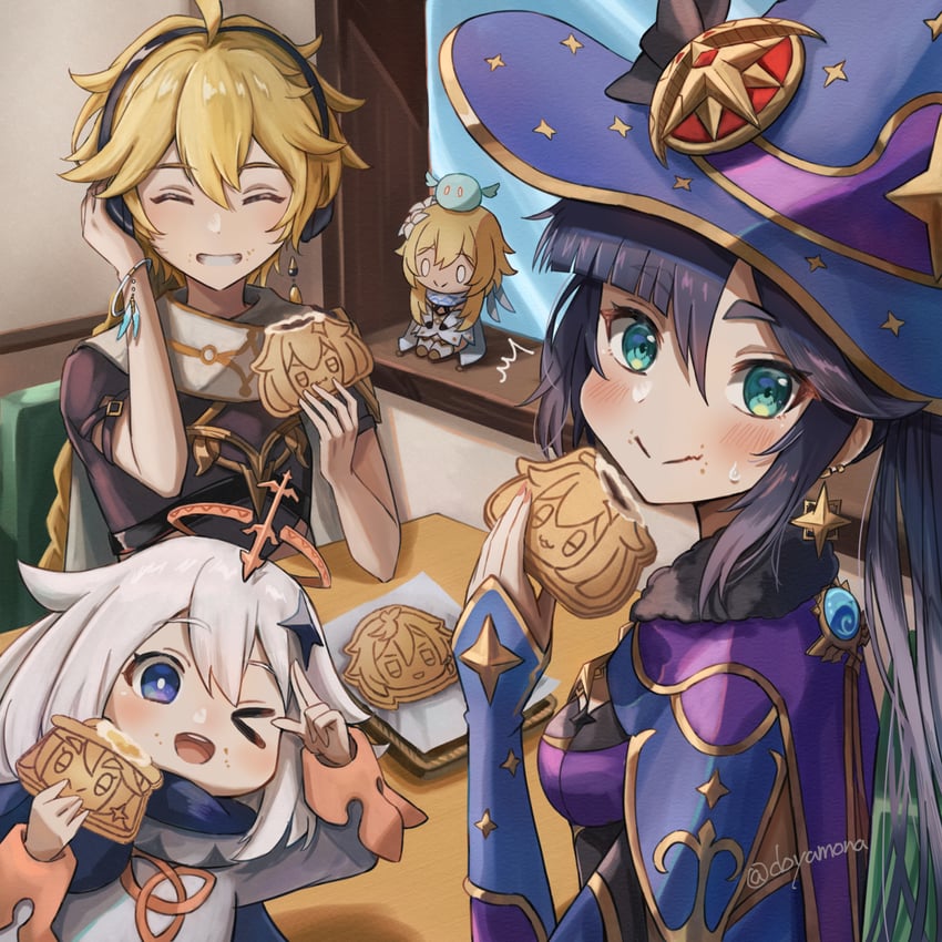 lumine, aether, mona, paimon, and slime (genshin impact) drawn by nanamo_yado