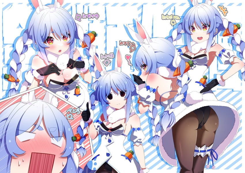houshou marine, usada pekora, nekomata okayu, tokoyami towa, don-chan, and 1 more (hololive) drawn by godai_01