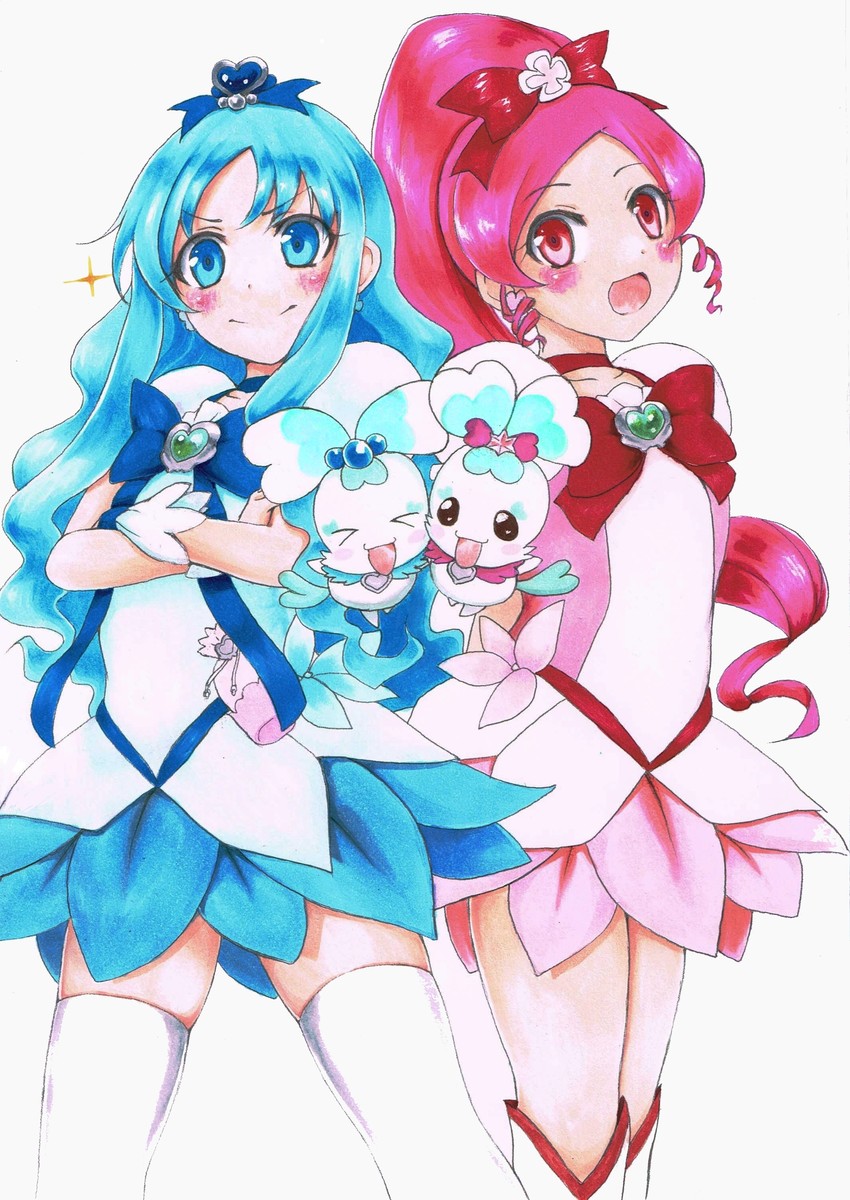 kurumi erika, hanasaki tsubomi, cure marine, cure blossom, coffret, and 1 more (precure and 1 more) drawn by kirikirimai_(kkm)