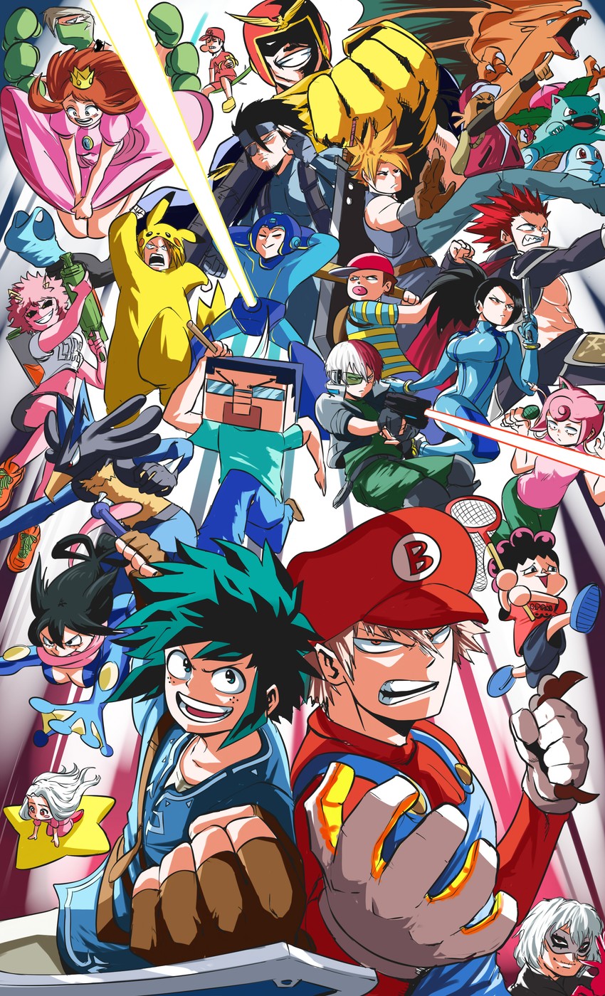 link, inkling player character, pikachu, cloud strife, kirby, and 47 more (pokemon and 25 more) drawn by tina_fate