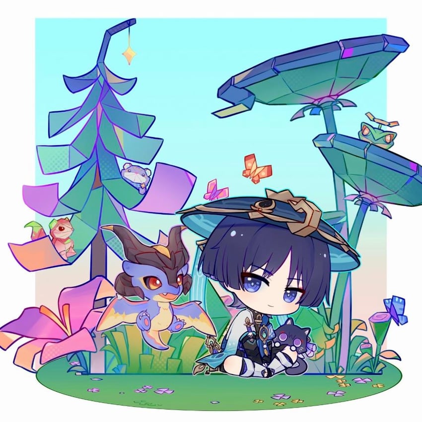 wanderer, scaramouche, and mini durin (genshin impact) drawn by swyezi611