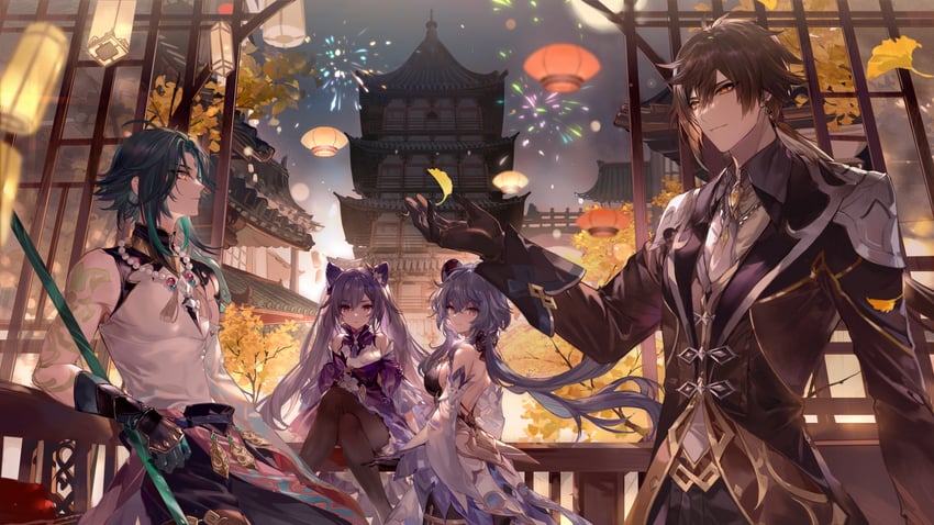 ganyu, zhongli, keqing, and xiao (genshin impact) drawn by nevakuma_(fanfanas)