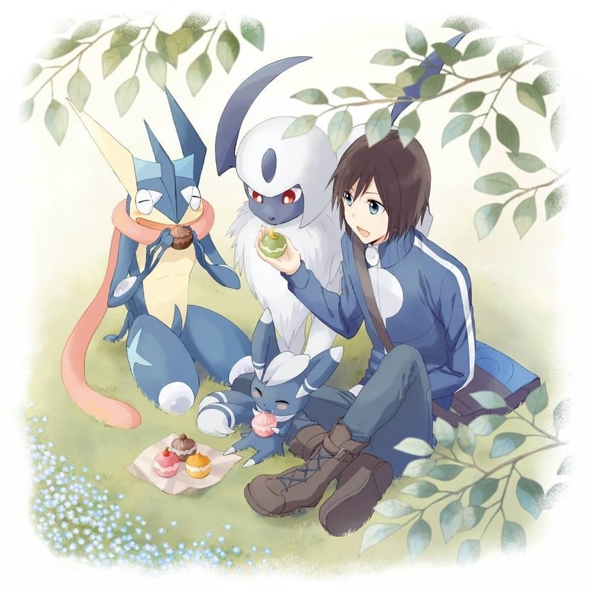 calem, absol, greninja, and meowstic (pokemon and 1 more) drawn by yairo_(sik_s4)