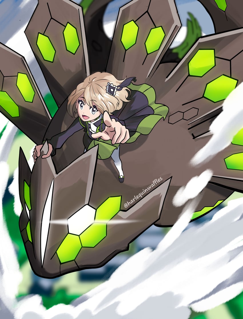 serena and zygarde (pokemon and 1 more) drawn by harlequinwaffles