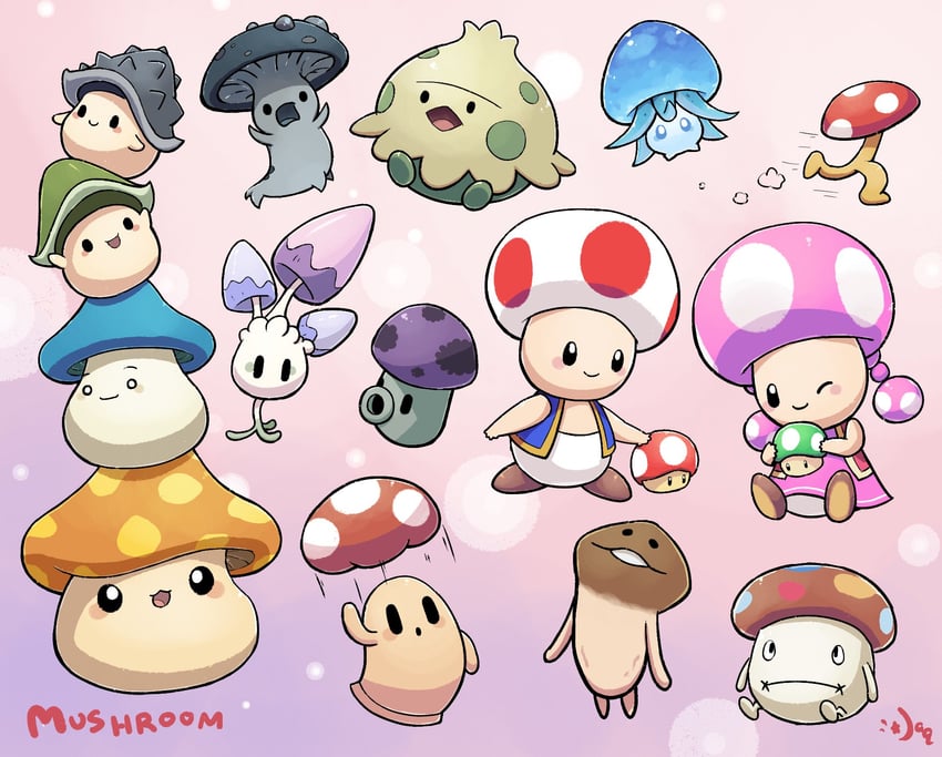 toad, fungi, red toad, shroomish, morelull, and 7 more (pokemon and 8 more) drawn by aquabluu