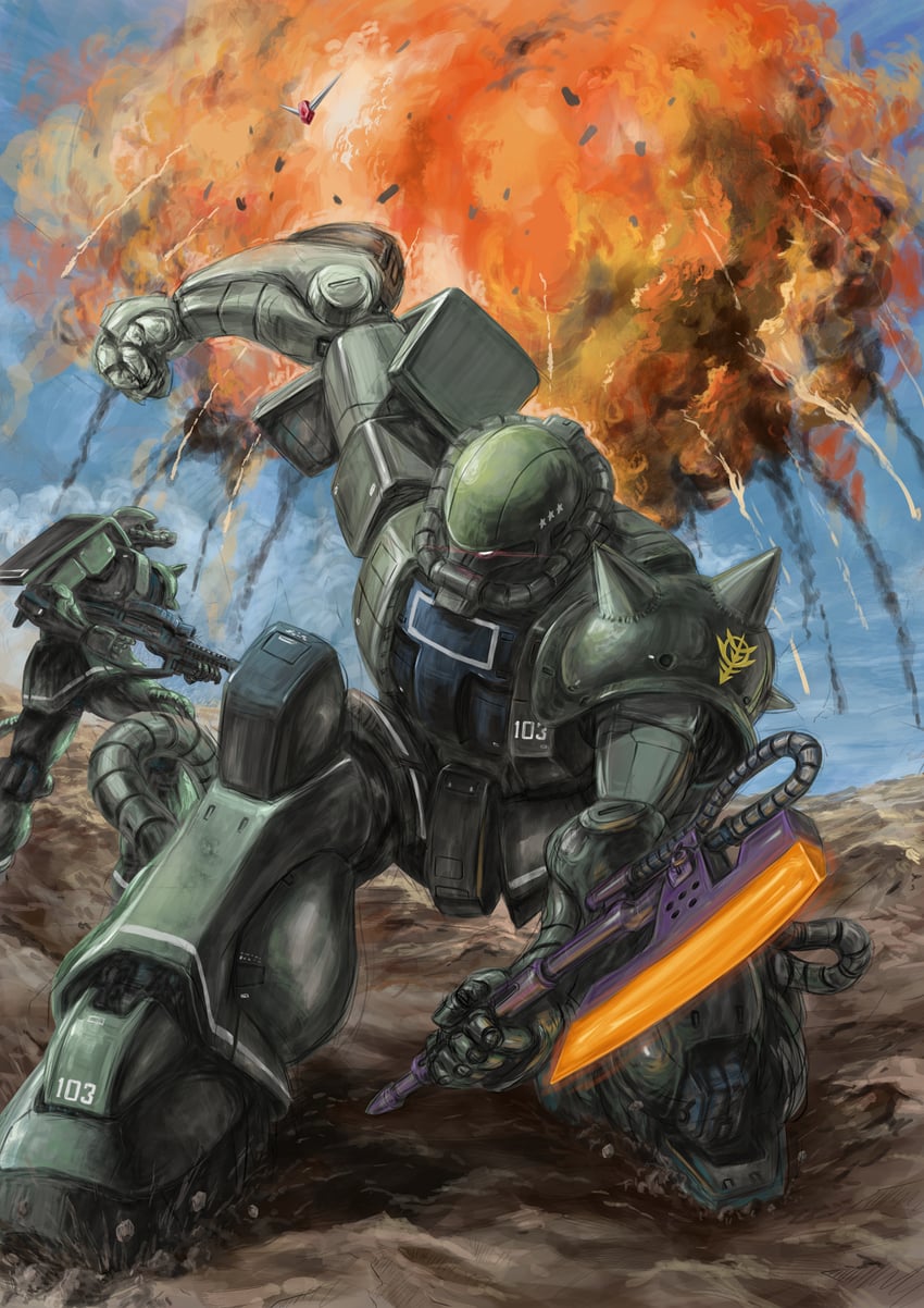 rx-78-2 gundam and zaku ii (gundam and 1 more) drawn by zandan_zero_to_na!?