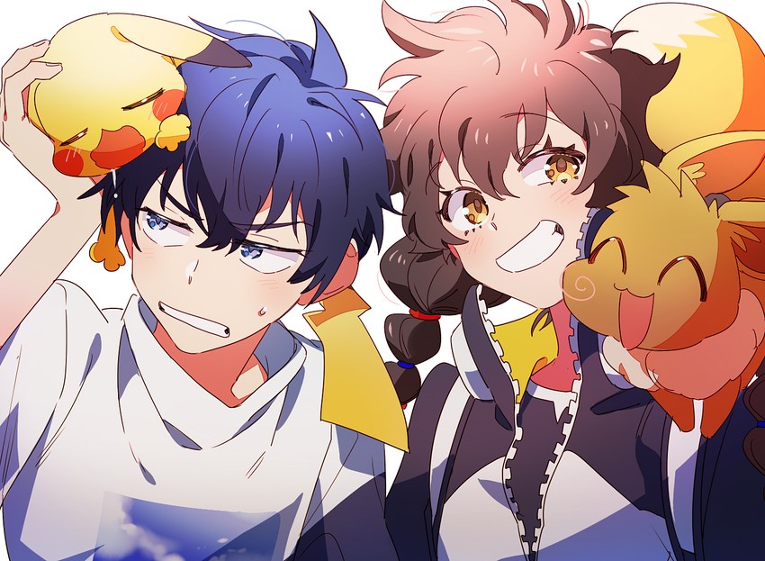 pikachu, eevee, gotcha! girl, and gotcha! boy (pokemon and 1 more) drawn by enoch_(enoch0501)