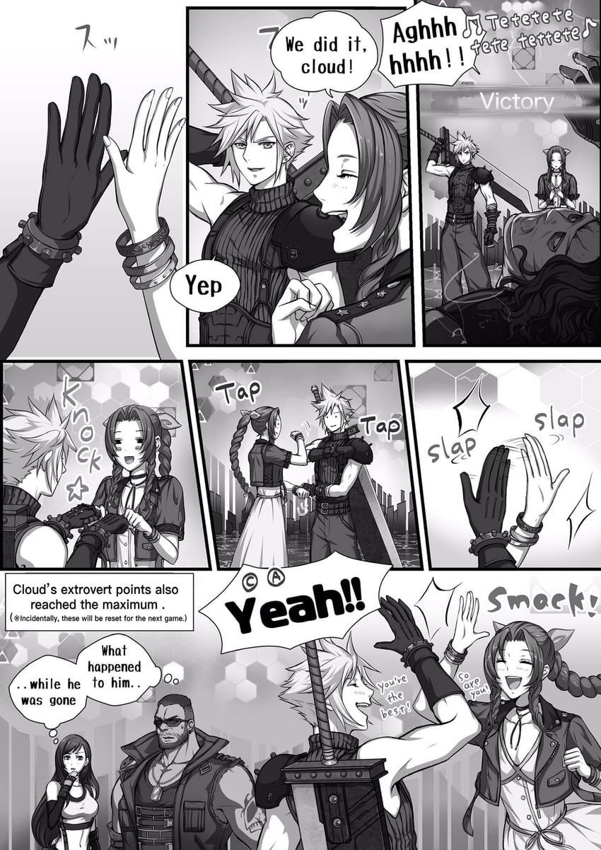 tifa lockhart, cloud strife, aerith gainsborough, and barret wallace (final fantasy and 2 more) drawn by halu-ca