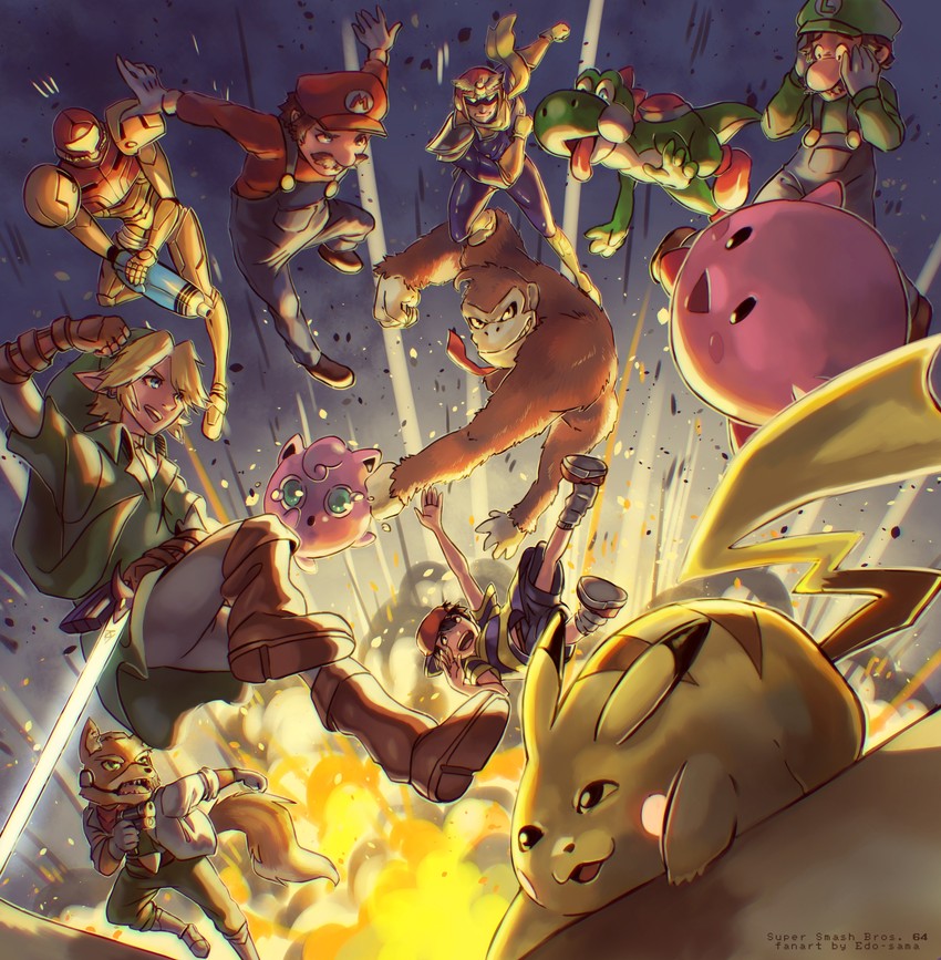 link, pikachu, kirby, samus aran, mario, and 7 more (pokemon and 12 more) drawn by edo-sama