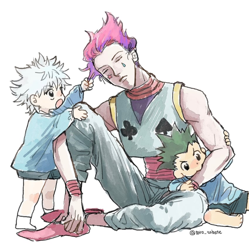 killua zoldyck, gon freecss, and hisoka morow (hunter x hunter) drawn by torohiko