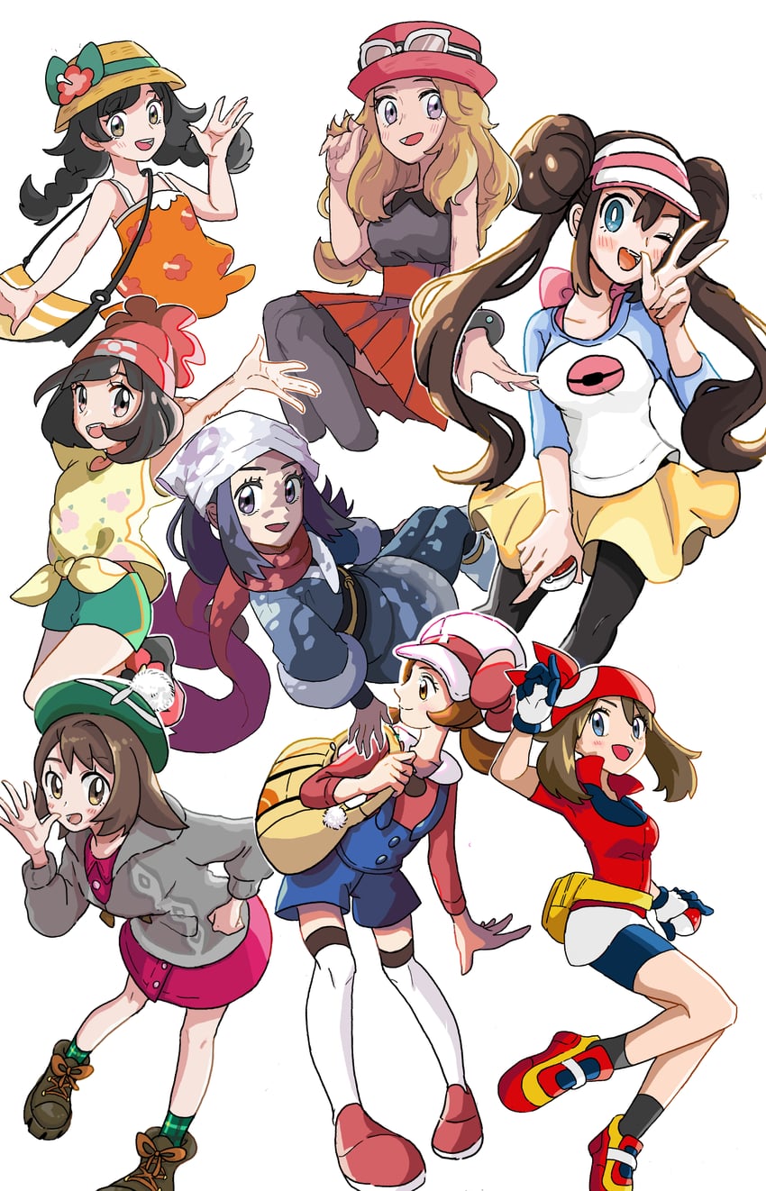 may, rosa, gloria, serena, selene, and 2 more (pokemon and 8 more) drawn by sandora_(karugamo_no_e)
