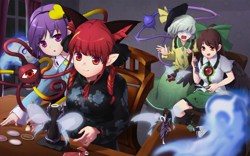 komeiji koishi, komeiji satori, kaenbyou rin, reiuji utsuho, and zombie fairy (touhou) drawn by mikami_(mikamicre)