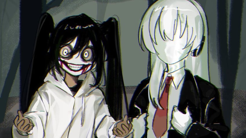 hatsune miku, megurine luka, jeff the killer, and slender man (vocaloid and 1 more) drawn by nek0galleta