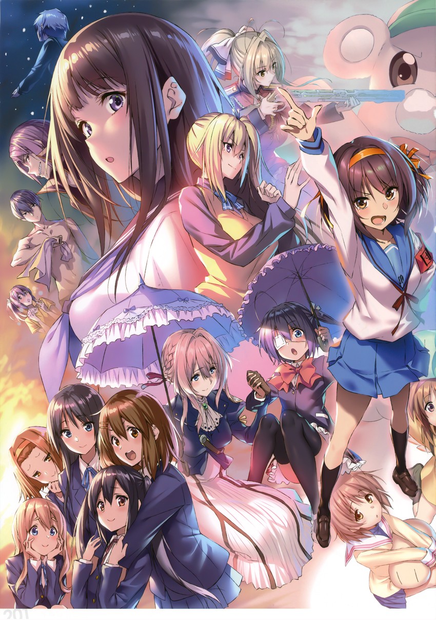 suzumiya haruhi, akiyama mio, nakano azusa, nagato yuki, hirasawa yui, and 14 more (k-on! and 13 more) drawn by piromizu
