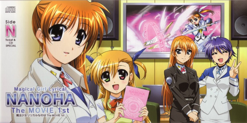 takamachi nanoha, raising heart, vivio, subaru nakajima, and teana lanster (lyrical nanoha and 3 more) drawn by okuda_yasuhiro